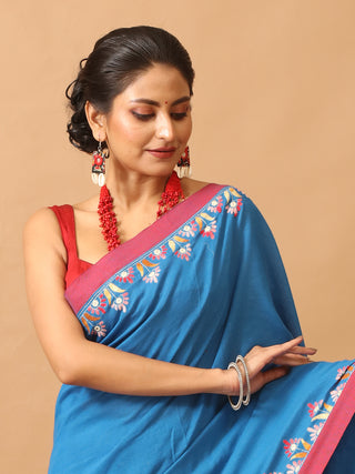 Blue And Red Bengal Handloom Cotton Saree With Hand Embroidery