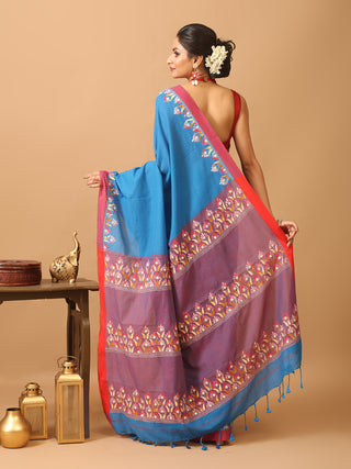 Blue And Red Bengal Handloom Cotton Saree With Hand Embroidery