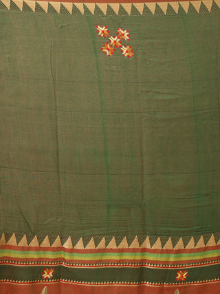 Bottle Green Bengal Soft Cotton Saree With Phulkari Inspired Hand Embroidery