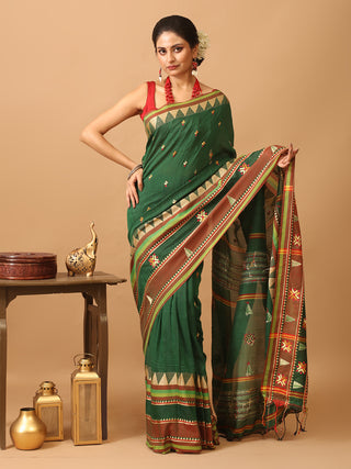 Bottle Green Bengal Soft Cotton Saree With Phulkari Inspired Hand Embroidery