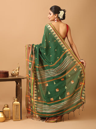 Bottle Green Bengal Soft Cotton Saree With Phulkari Inspired Hand Embroidery