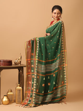 Bottle Green Bengal Soft Cotton Saree With Phulkari Inspired Hand Embroidery