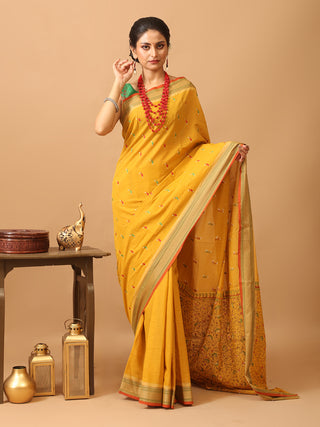 Yellow Kanchipuram Cotton Saree With Hand Kantha Embroidery