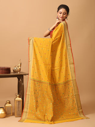 Yellow Kanchipuram Cotton Saree With Hand Kantha Embroidery