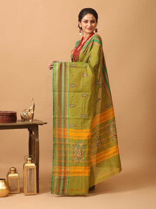 Green Chettinad Cotton Saree With Multicoloured Border And Hand Kantha Embroidery