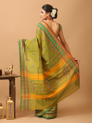 Green Chettinad Cotton Saree With Multicoloured Border And Hand Kantha Embroidery