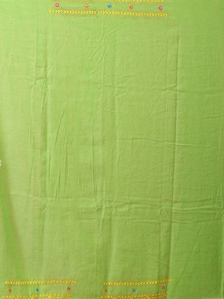 Yellow And Green Bengal Handloom Cotton Saree With Hand Kantha Embroidery