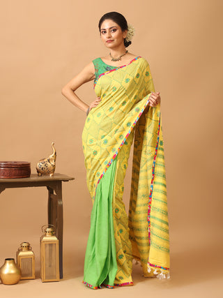 Yellow And Green Bengal Handloom Cotton Saree With Hand Kantha Embroidery