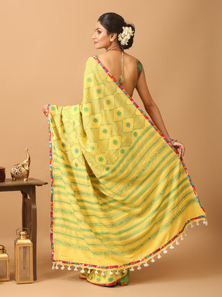 Yellow And Green Bengal Handloom Cotton Saree With Hand Kantha Embroidery