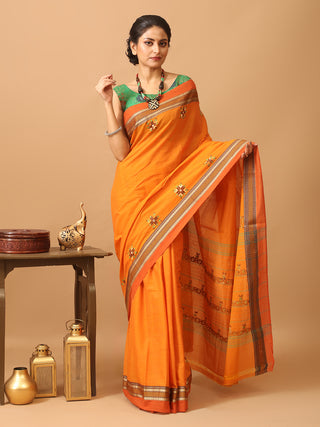 Orange Kanchipuram Cotton Saree With Phulkari Inspired Embroidery