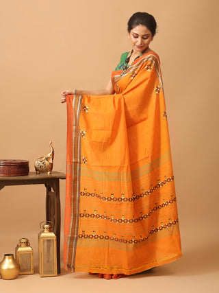Orange Kanchipuram Cotton Saree With Phulkari Inspired Embroidery