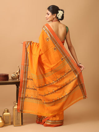 Orange Kanchipuram Cotton Saree With Phulkari Inspired Embroidery