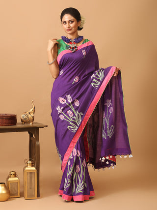 Purple Bengal Soft Cotton Saree With Hand Kantha Embroidery