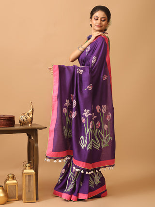 Purple Bengal Soft Cotton Saree With Hand Kantha Embroidery