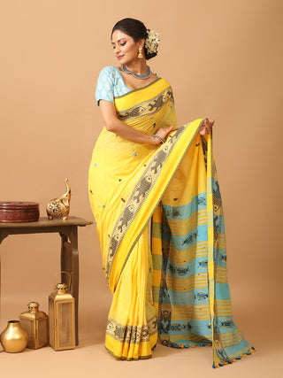 Yellow Bengal Soft Cotton Saree With Fish Motif Border And Kantha Embroidery