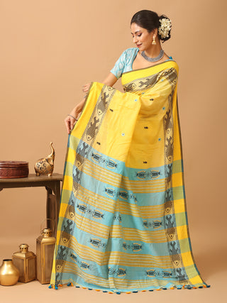 Yellow Bengal Soft Cotton Saree With Fish Motif Border And Kantha Embroidery