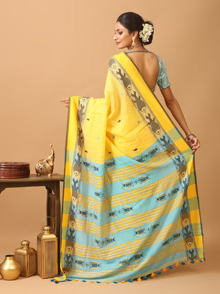 Yellow Bengal Soft Cotton Saree With Fish Motif Border And Kantha Embroidery