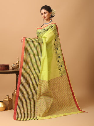 Green Begumpuri Handloom Cotton Saree With Kantha Embroidery