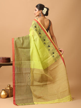 Green Begumpuri Handloom Cotton Saree With Kantha Embroidery