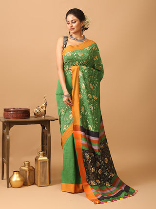 Emerald Green And Orange Bengal Soft Cotton Saree With Kantha Embroidery