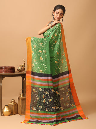 Emerald Green And Orange Bengal Soft Cotton Saree With Kantha Embroidery
