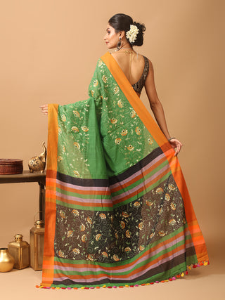 Emerald Green And Orange Bengal Soft Cotton Saree With Kantha Embroidery