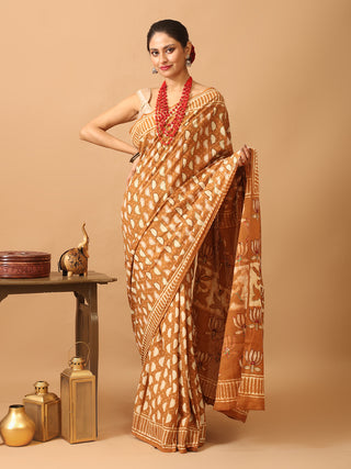 Brown Dabu Printed Mul Cotton Saree With Kantha And Mirror Highlights