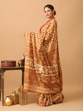 Brown Dabu Printed Mul Cotton Saree With Kantha And Mirror Highlights