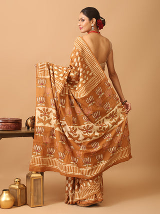 Brown Dabu Printed Mul Cotton Saree With Kantha And Mirror Highlights