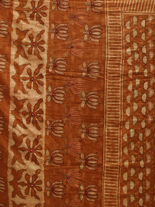 Brown Dabu Printed Mul Cotton Saree With Kantha And Mirror Highlights