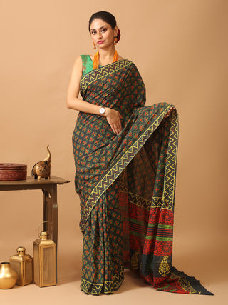 Bottle Green Bagru Printed Mul Cotton Saree With Kantha Highlights