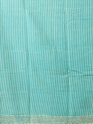 Aqua Blue Dabu Printed Cotton Saree With Kantha And Mirror Highlights