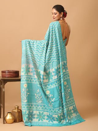 Aqua Blue Dabu Printed Cotton Saree With Kantha And Mirror Highlights