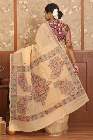 Beige Bengal Tant Cotton Saree With Maroon And Black Kantha Embroidery
