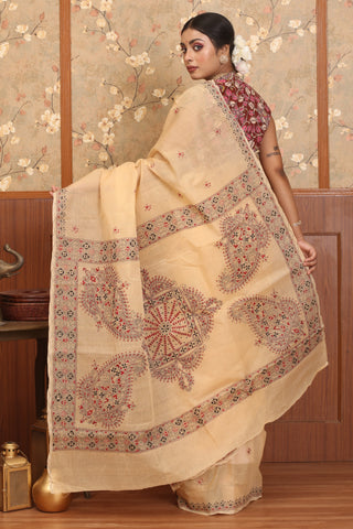 Beige Bengal Tant Cotton Saree With Maroon And Black Kantha Embroidery