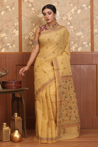 Sandal Colour Bengal Tant Cotton Saree With Red And Green Kantha Embroidery