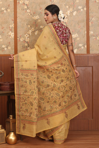 Sandal Colour Bengal Tant Cotton Saree With Red And Green Kantha Embroidery