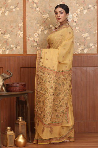 Sandal Colour Bengal Tant Cotton Saree With Red And Green Kantha Embroidery