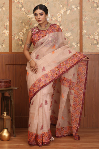 Beige Checked Cotton Saree With Hand Aari Work And Cutwork Border