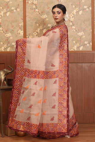 Beige Checked Cotton Saree With Hand Aari Work And Cutwork Border