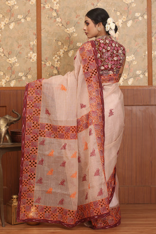 Beige Checked Cotton Saree With Hand Aari Work And Cutwork Border