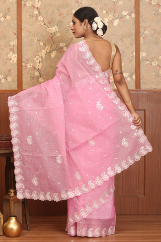 Baby Pink Checkered Bengal Cotton Saree With Hand Aari Work