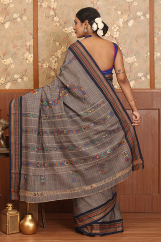 Grey And Navy Blue Chettinad Cotton Saree With Hand Kantha Embroidery