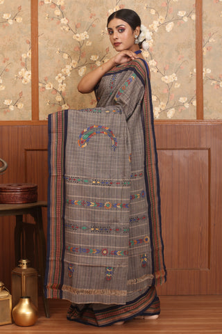 Grey And Navy Blue Chettinad Cotton Saree With Hand Kantha Embroidery