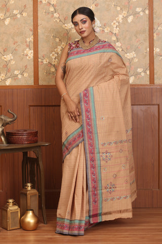 Sandal Colour Chettinad Cotton Saree With Hand Embroidery
