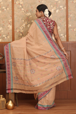 Sandal Colour Chettinad Cotton Saree With Hand Embroidery