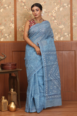 Sky Blue Pure Bengal Tant Cotton Saree With Kantha Embroidery