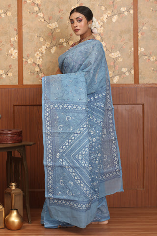 Sky Blue Pure Bengal Tant Cotton Saree With Kantha Embroidery