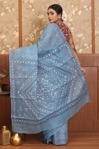 Sky Blue Pure Bengal Tant Cotton Saree With Kantha Embroidery