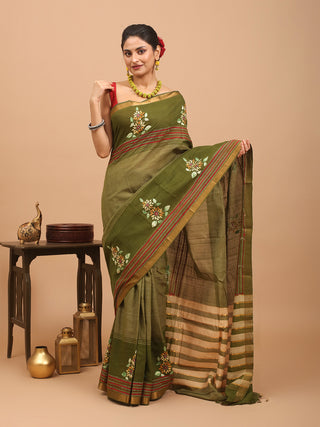 Olive Green Mangalgiri Cotton Saree With Kantha And Feather Stitch Work